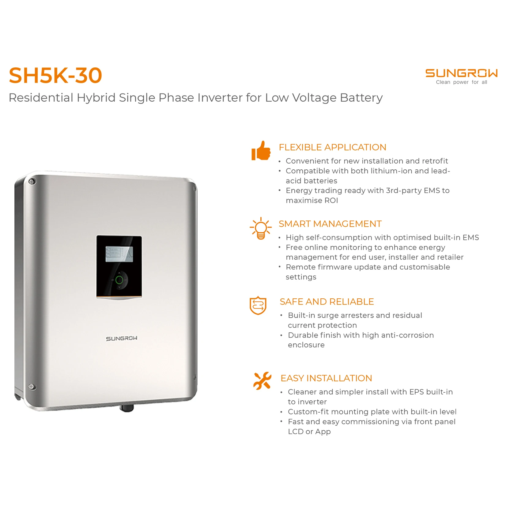 Sungrow 5 кВт on Grid 3 кВт автономные гибридные солнечные инверторы SH5K-30 с ЖК-дисплеем и модулем связи Однофазный солнечный инвертор