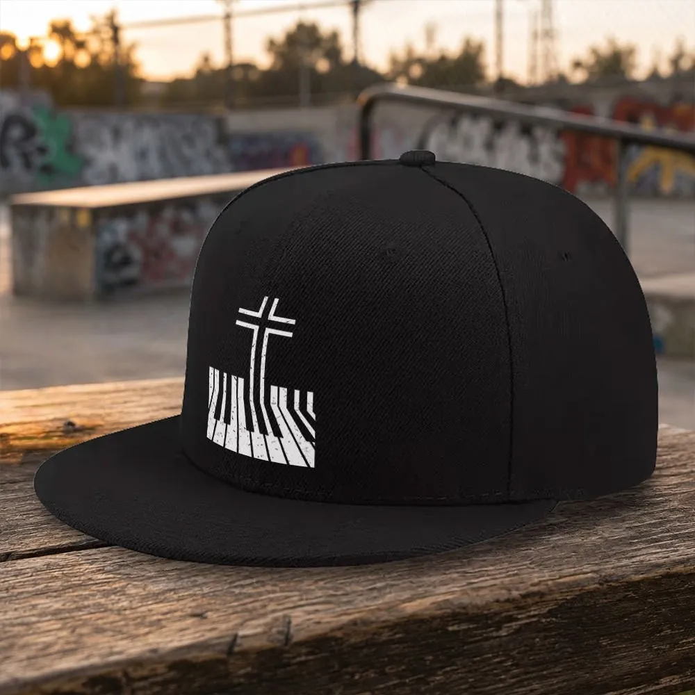 Cross Piano Key Graphic Baseball Cap Unisex Adjustable Flat Brim Casual Hat for Outdoor Travel