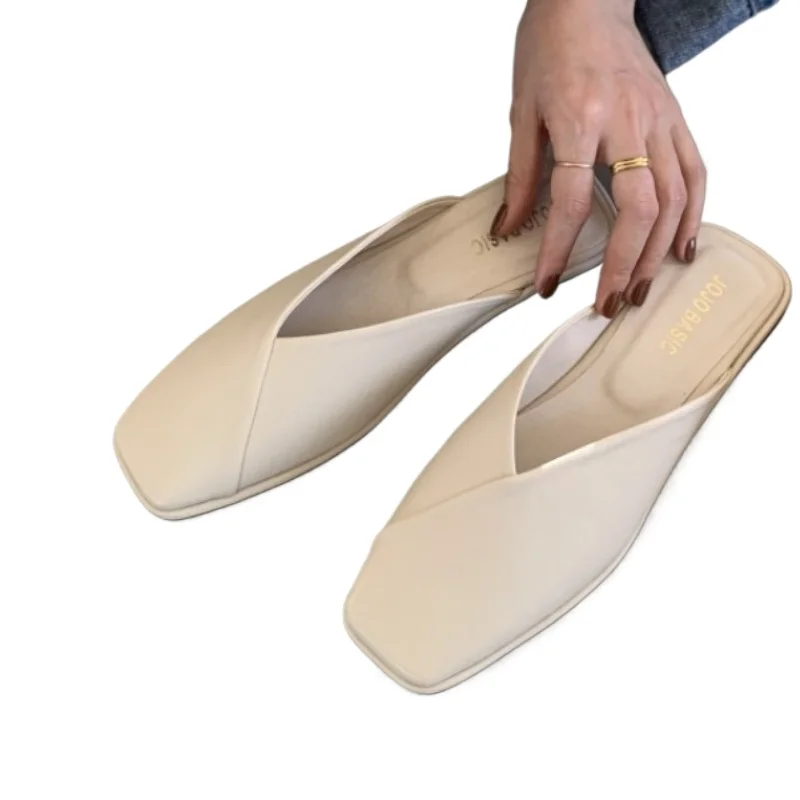 

2026 Summer Women Flat Casual Outdoor Square Toe Shoes Ladies Fashion Slip on Mules Big Size 43 Flat Slippers