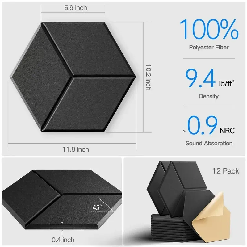 12 Pack Hexagonal Adhesive Wall Wallpaper Acoustic Foam Panel Panels Y-Lined Design Bedroom Absorb Noise Waterproof Wall Sticker