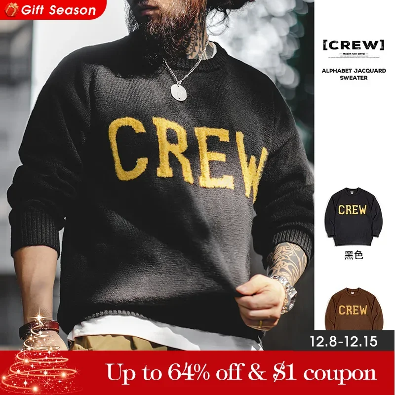 Maden Workwear American Retro CREW Letter Jacquard Sweater Round Neck Inner Layover Wool Pullover Knitwear Men's Winter