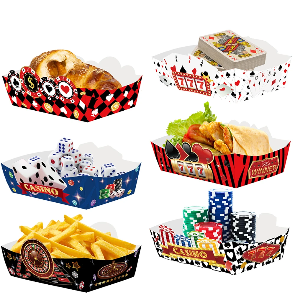 6/12/18/24pcs Casino Poker Dice Paper Food Trays Kraft Paper Food Boat Boxes French Fries Nachos Snack Birthday Party Decoration