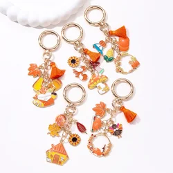 Cute Sunflower Pumpkin Maple Leaves Fox Mushroom House Enamel Keychain Turkey Pendants For Women Men Thanksgiving Gift