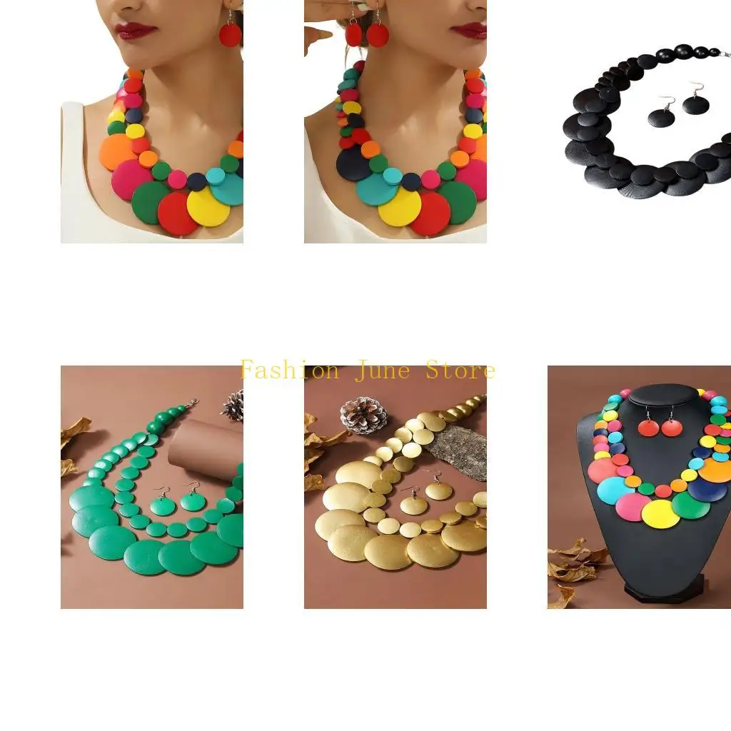 N5KA Extender Chain Disc Necklace with Double-Strand and Wood-Look Detail