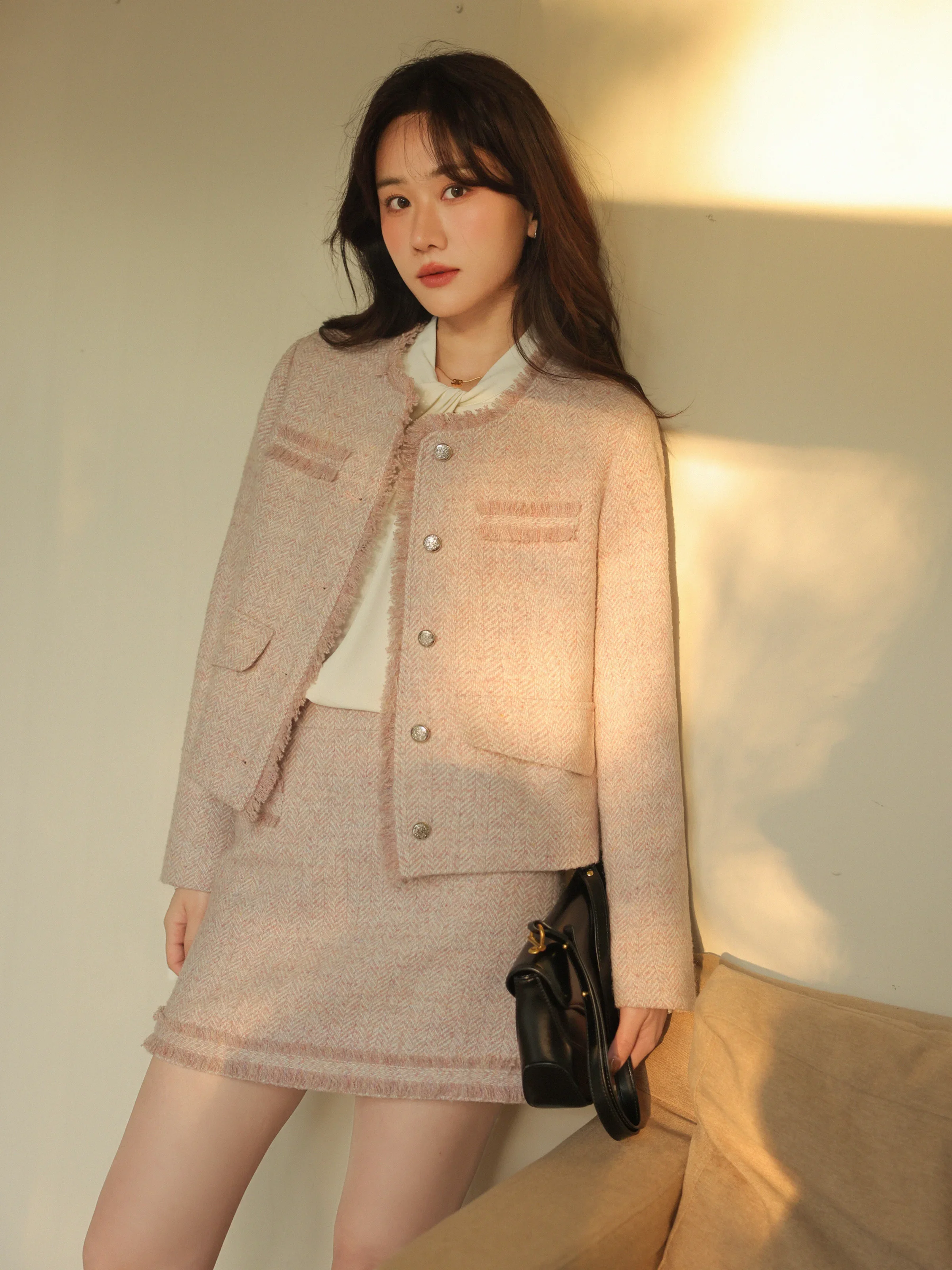 2025 Spring Women Tweed Suit Set Elegant Round Neck Short Coat and A-Line Skirt Vintage Style Loose Fit Chic Two-Piece Outfit