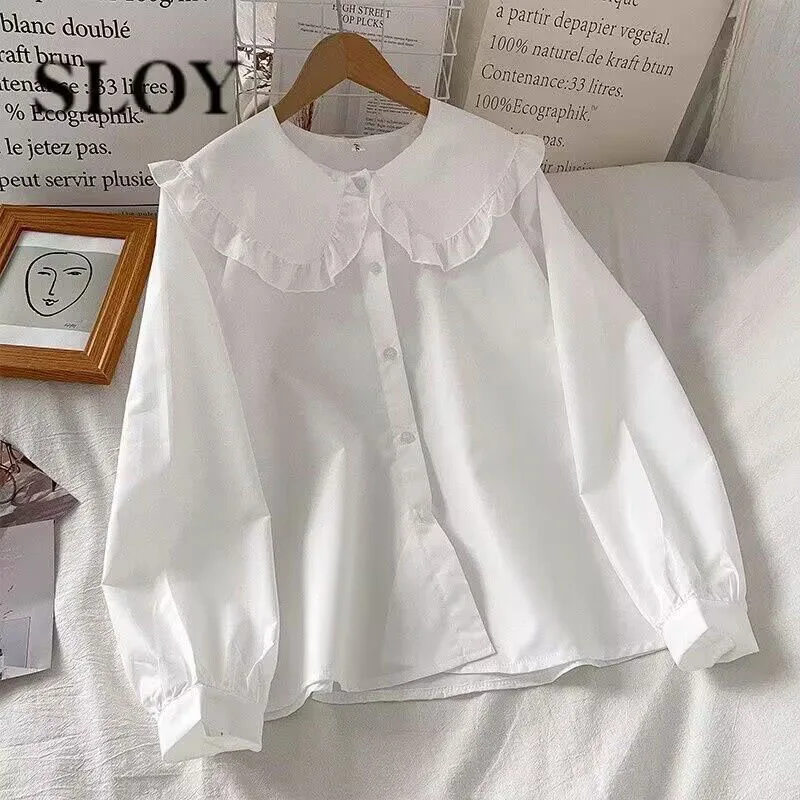 Lucyever Women Blouse Sweet Preppy Style Peter Pan Collar Shirts Woman Korean All-Match Long Sleeve Single-Breasted Blusas Tops