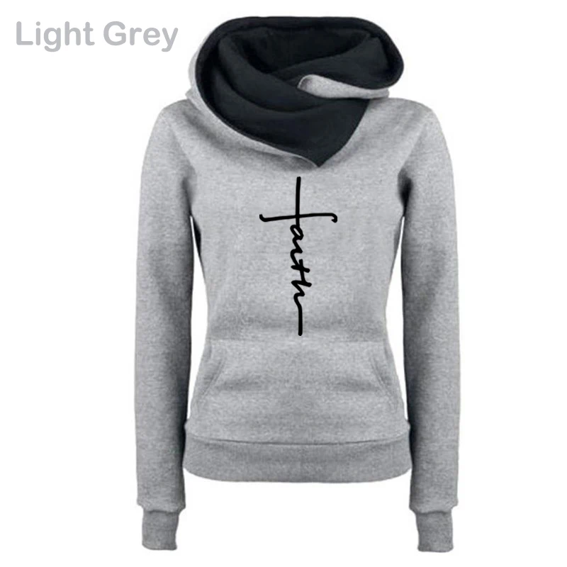 Autumn And Winter Fashion Faith Print Hoodies Lapel High Collar Long Sleeve Hooded Sweatshirts Casual Pullover Tops Sweater