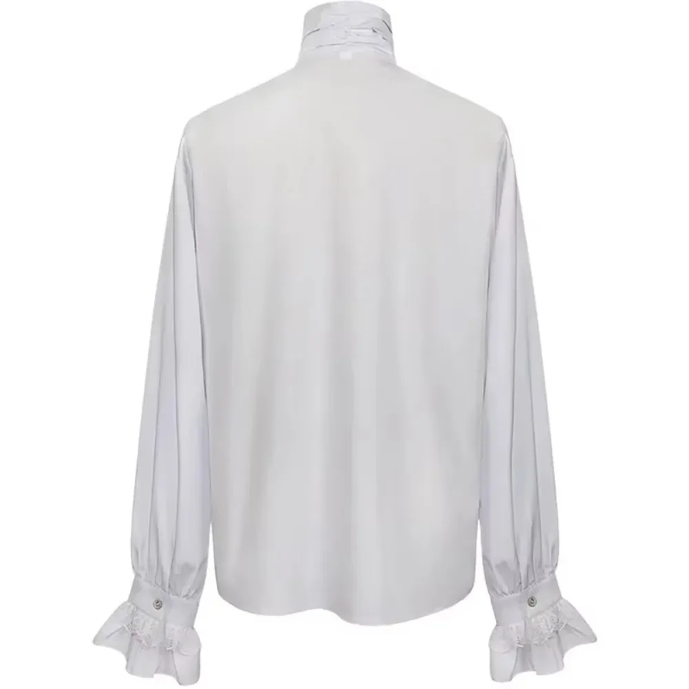 White Cotton & Lace Ruffles Stand Collar Gothic Shirt Men Vampire Pirate Cosplay Clothes Anime Halloween Victorian Medieval Top