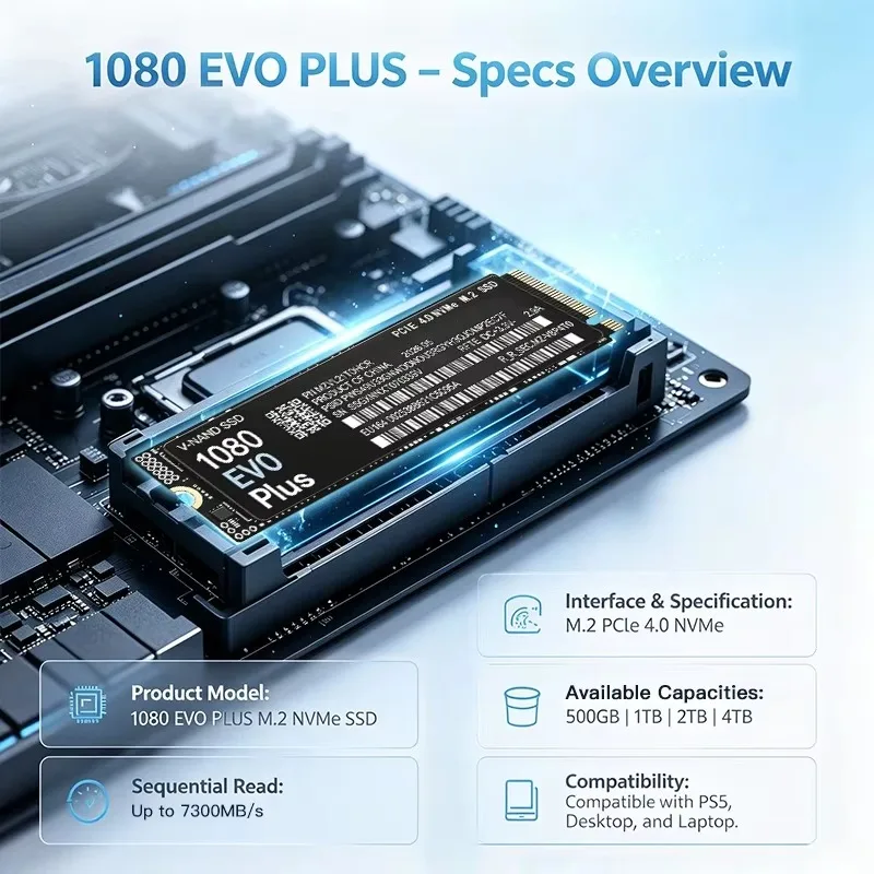 Original 1080 EVO Plus M.2 NVMe PCIe 4.0 Internal SSD Up to 7300MB/s High‑Speed Solid State Drive For Laptop Desktop PC