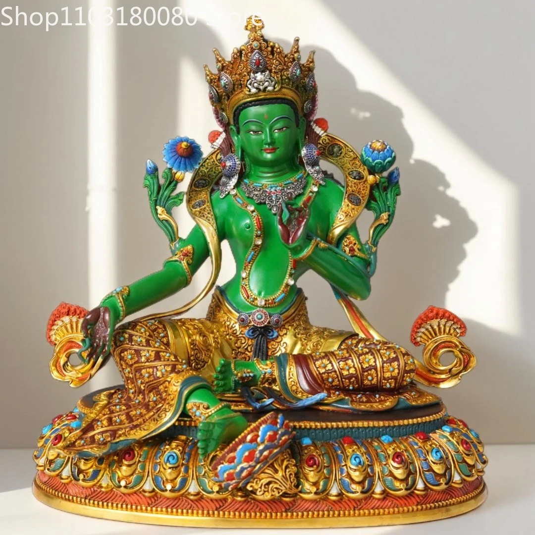 33cm Copper gilding Painting Green Tara buddha statue Nepal Tibet sculpture