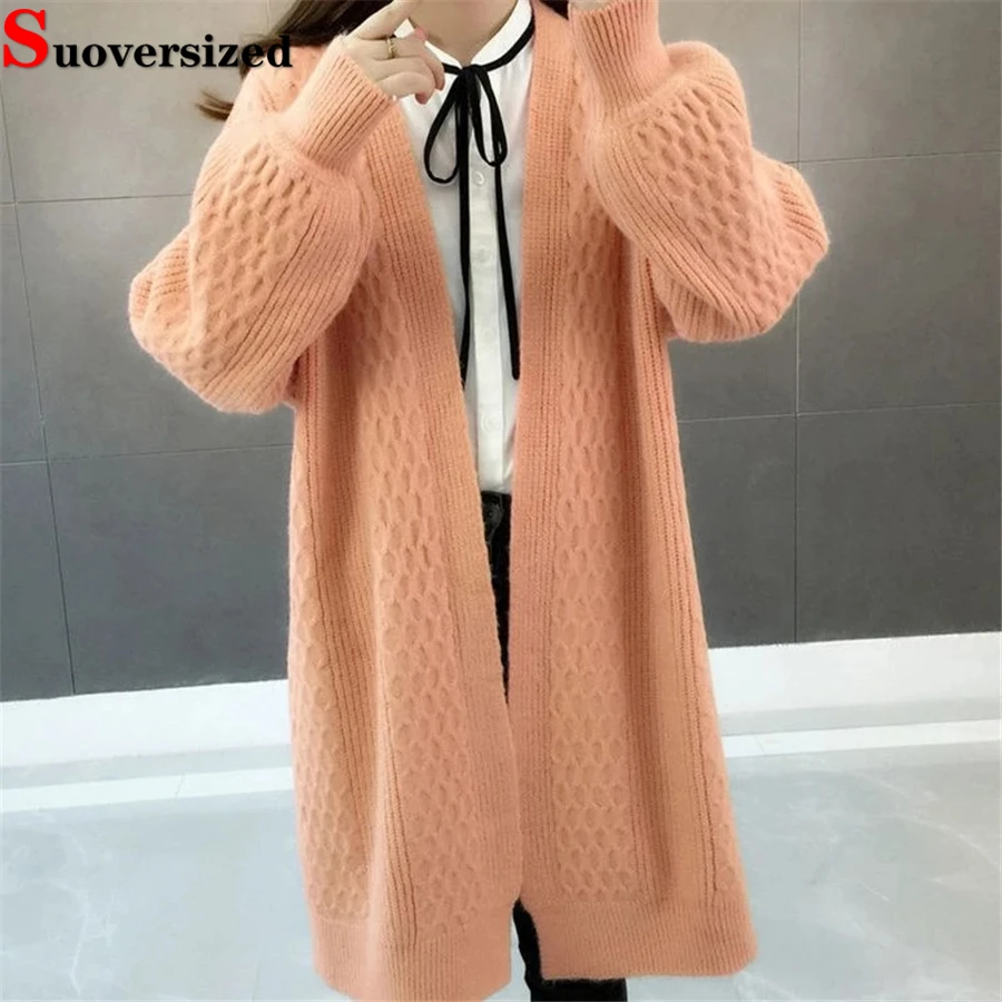 Winter Korean Knit Cardigan Elegant Sweaters Muticolor Soft Thick Coat Long Lantern Sleeve Top Solid Aesthetics Trendy Outerwear