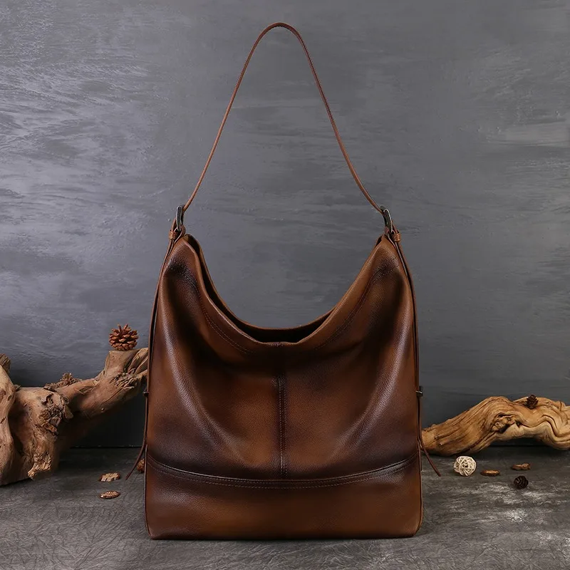 Vintage Everyday Shoulder Bag for Women Genuine Leather Large Capacity Soft Slouchy Convertible Crossbody Strap Luxury Handbag