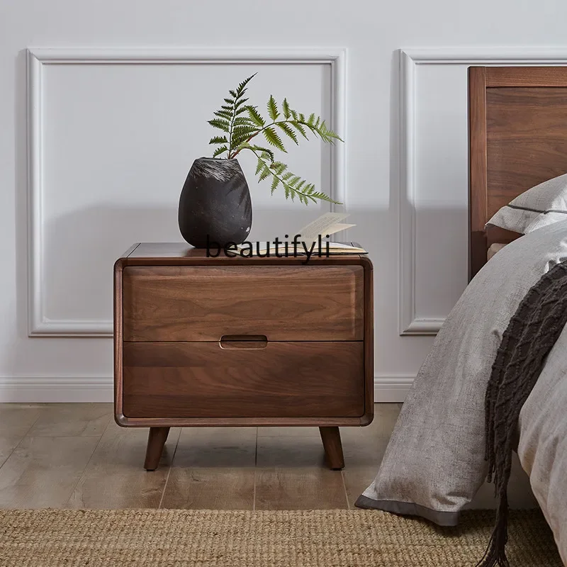 

zxqNordic Solid Wood Bedside Cabinet Modern Minimalist Black Walnut Bedside Storage Cabinet Storage Bedroom Side Cabinet