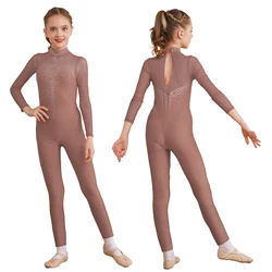 Kids Girls Ballet Gymnastics Leotards Figure Skating Dance Performance Costume Long Sleeve Shiny Rhinestone Sheer Mesh Jumpsuit