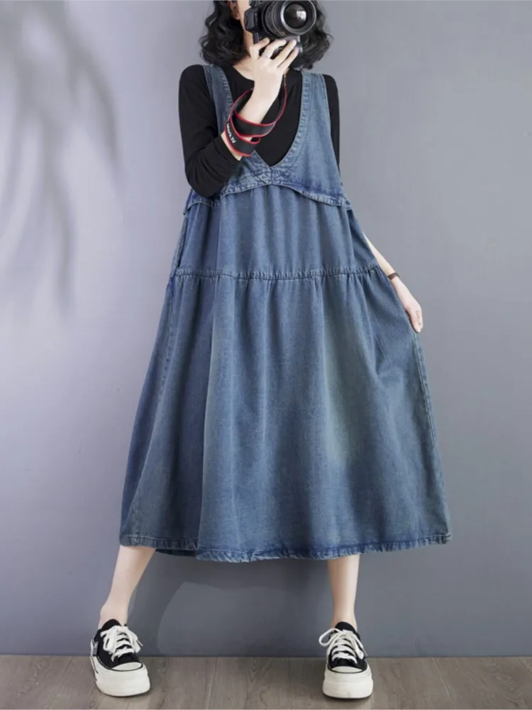 Denim Oversized Summer Sleeveless Vest Dress Women Loose Ruffle Pleated Fashion Casual Ladies Dresses A-Line Woman Midi Dress