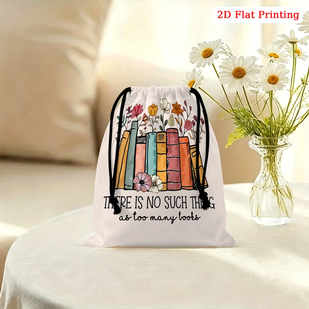 1pc Floral Books Pattern Drawstring Bag White There Is No Such Thing As Too Many Books Print Storage Small Pouch For Glasses Cos