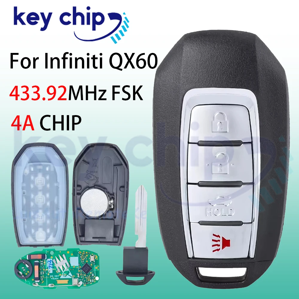 433MHz 4A Chip Smart Remote Key Fob  Replacement for INFINITI Q50 Q60 2020-2022 Continental: S180144713  ID: KR5TXN7 4 Buttons