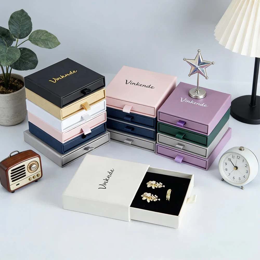 

24Pcs/Lot Pull-Out 6x6x2.5cm Beige Drawer Box Jewelry Packaging Boxes Earrings Ring Necklace Travel Organizer Case Wedding Gift