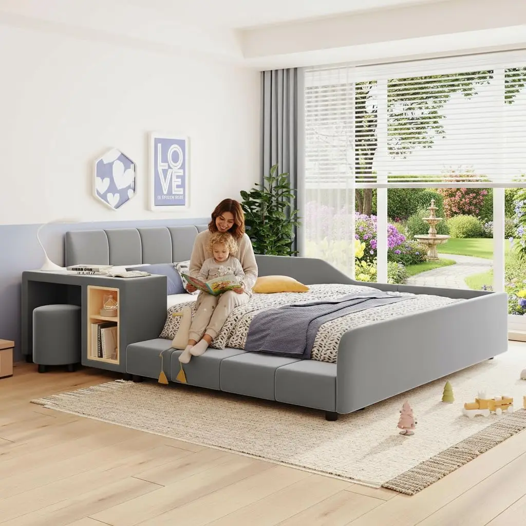 Upholstered Grounded Bed, Full Size Mother & Child Bed with Bedside Desk and Little Round Stool, Velvet Fabric, No Box Spring Ne