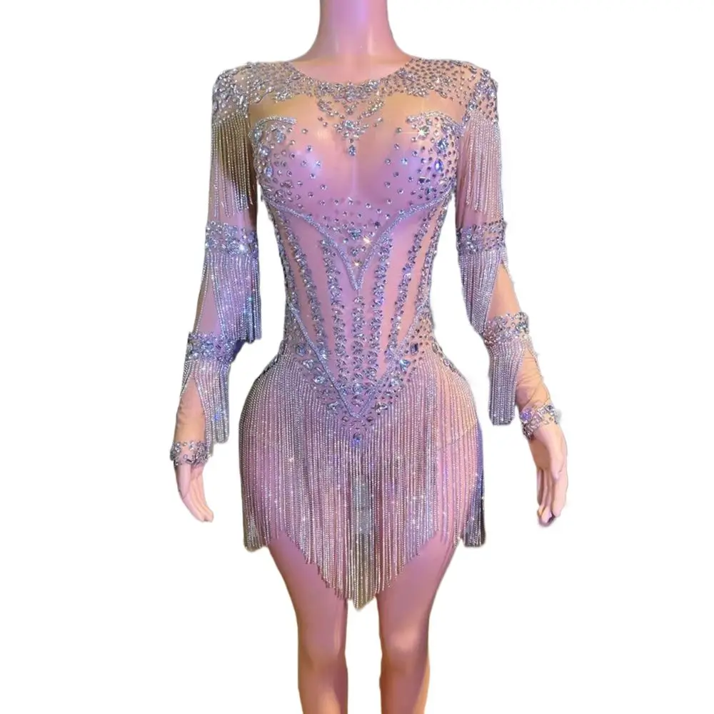 

Sparkly Silver Rhinestones Trains Bodysuit Women Sexy See Through Show Performance Dance Costume Singer Dancer Stage Wear
