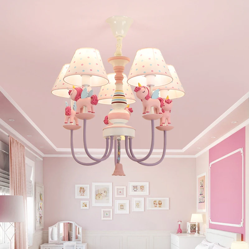 Romantic Children's Room LED Chandelier Lamps Fabric Sconces Resin Horse Princess Bedroom Hanging Light Nursery School Pink