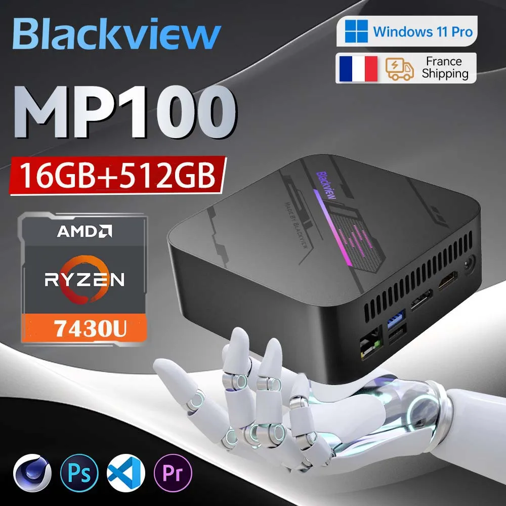 بلاك فيو إم بي 100 ميني بي سي 7430U 16 جيجابايت + 512 جيجابايت / 32 جيجابايت + 1 تيرابايت واي فاي 6 ويندوز 11 برو إيه إم دي 6 نوى 12 خيط