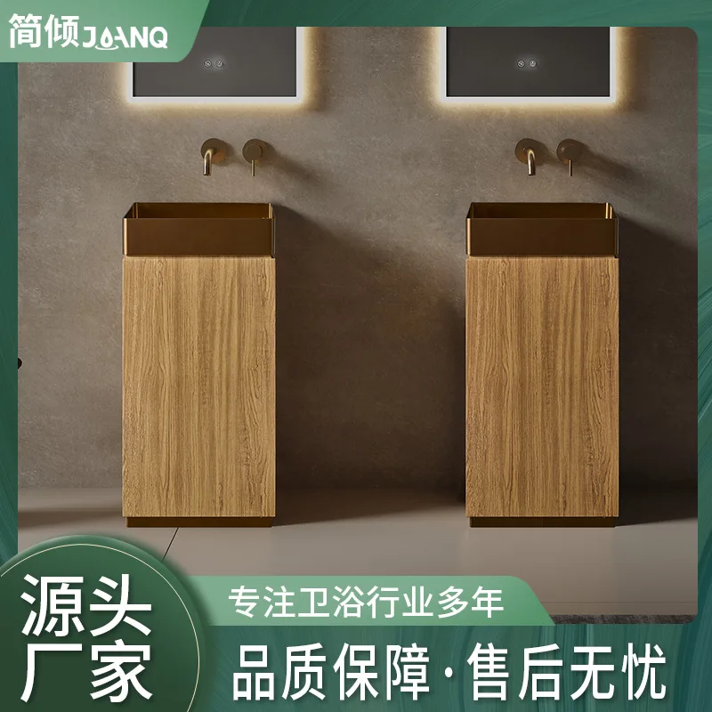 Minimalist medieval style stainless steel wood grain column basin Vertical sink Club Creative art Floor-to-ceiling washbasin