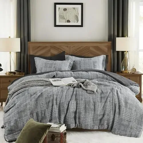 Charcoal Grey Queen Comforter Set, Textured Design Grey Crinkle Bed in A Bag Queen Size, Queen Comforter Set with 7