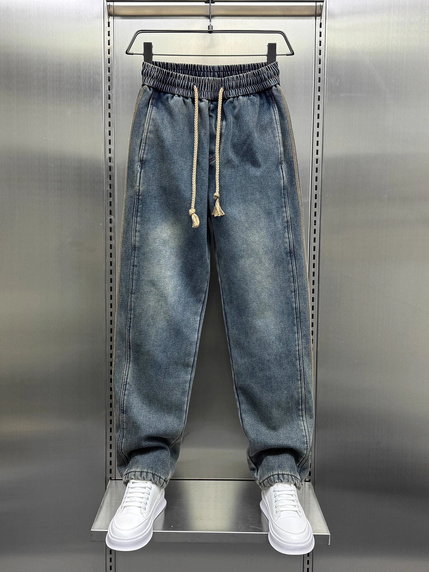 

Мужские джинсы Waed Denim: высококачественные, свободные, широкие, прямого кроя, осенние, модные, молодежные, с завязками на талии