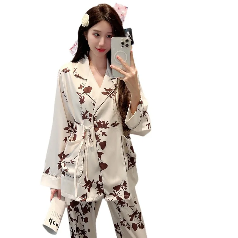 Elegante Ijs Zijde Pyjama Dames Lente En Herfst Nobele Vest Veteraan Sets Ijs Zijde Zoete Hoge Kwaliteit Print Pyjama Sets Pj