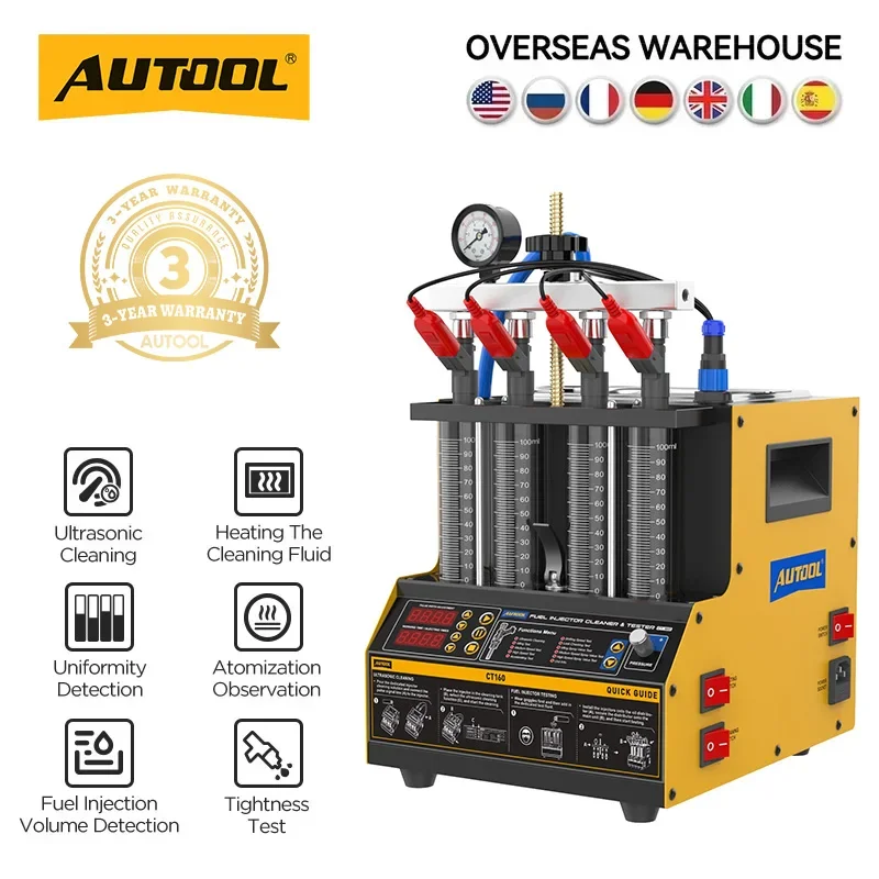 AUTOOL CT160 4-Cylinders Car Fuel Injector Ultrasonic Cleaner Heating Cleaning & Tester Machine Petrol Fuel Nozzle Injector Test Cleaning Equipment 110V for Petrol Car Repair Workshop Tools