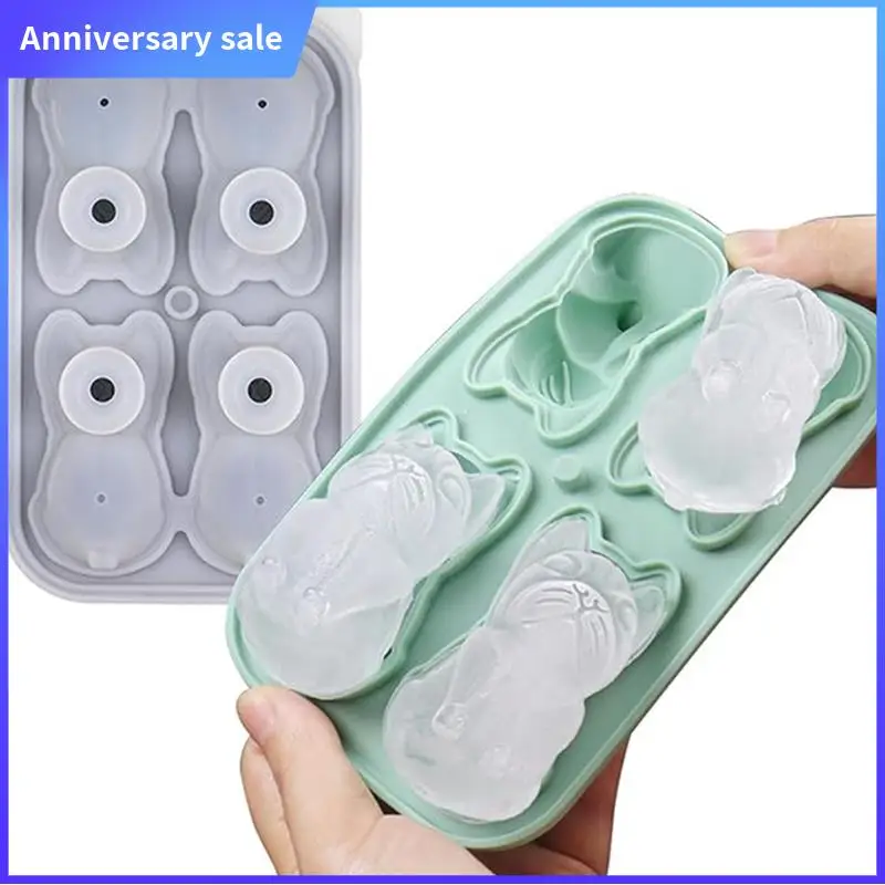 ABPP-поднос для кубиков льда с крышкой - 3D французский бульдог, 2-дюймовые формы для кубиков льда, большие силиконовые подносы для кубиков льда с 4 отверстиями для виски