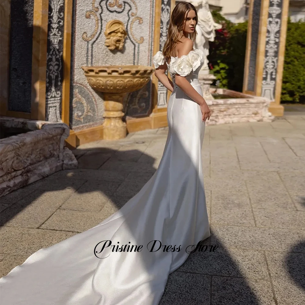 Charming Satin Ruched Flowers Wedding Dress Customized Court Train Sweetheart Off the Shoulder Pleats Side Slit Bridal Gowns