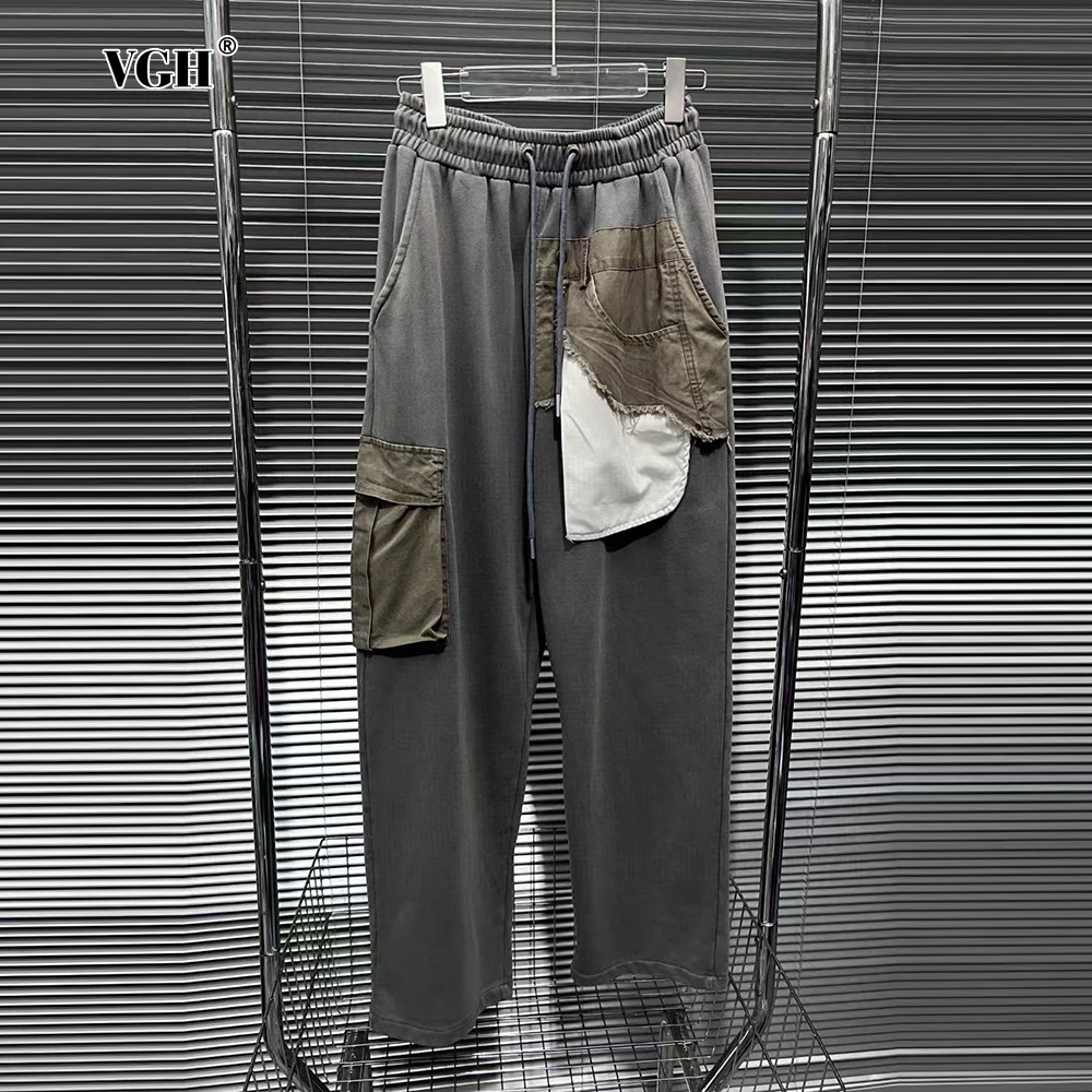 

VGH Spliced Drawstring Wide Leg Pants For Women Lapel Patchwork Pockets Distressed Gray Baggy Jeans Tousers Female Clothing New