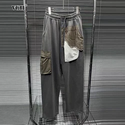 VGH Spliced Drawstring Wide Leg Pants For Women Lapel Patchwork Pockets Distressed Gray Baggy Jeans Tousers Female Clothing New