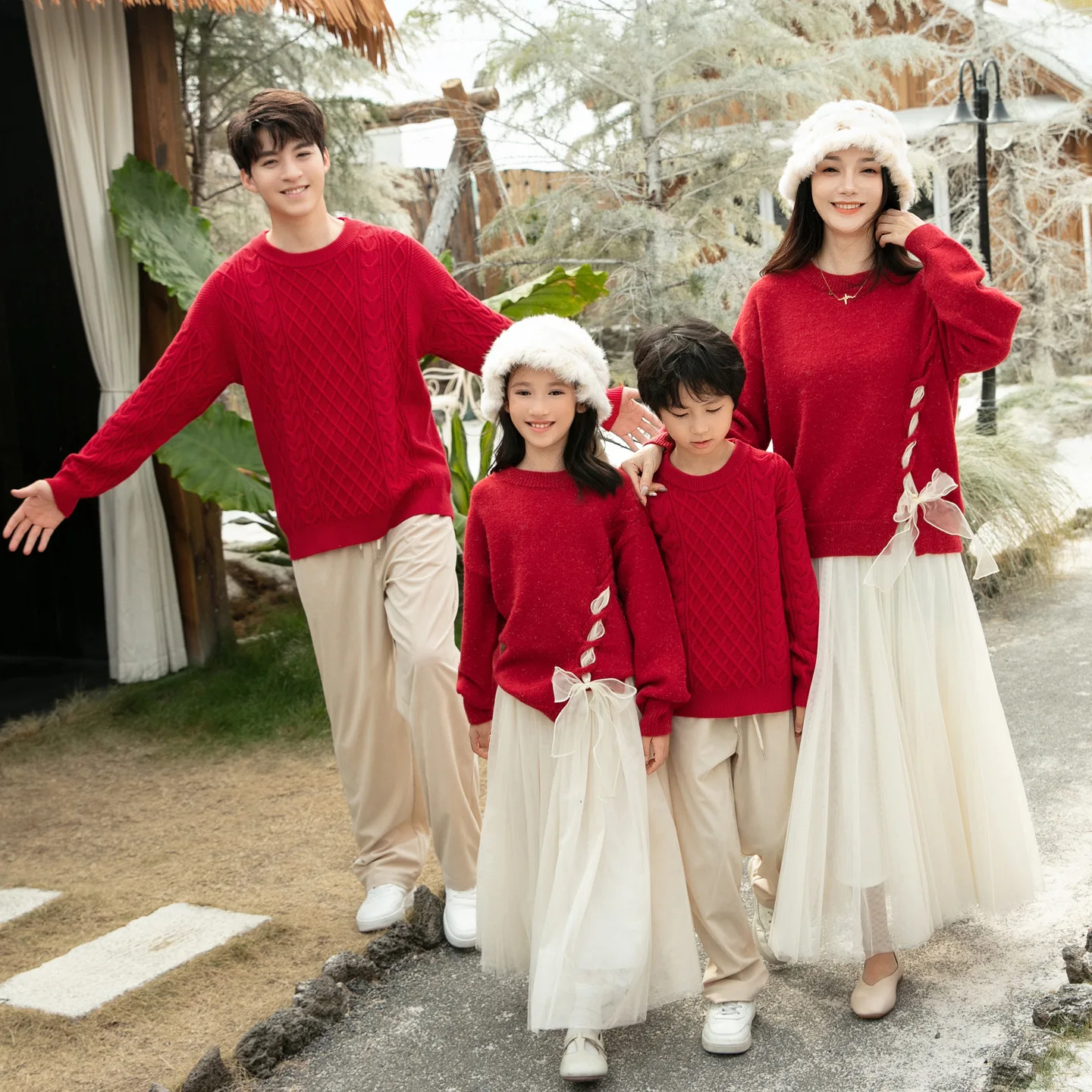Family Red Knit Sweater Parent-child Matching Outfit Mom Daughter Bow Pullover Winter New Year Dad Son Christmas Couple Clothes