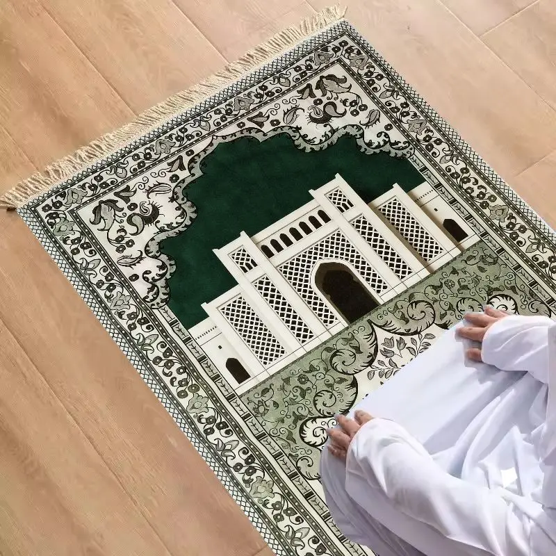 VIKAMA Foldable And Portable Muslim Prayer Mat, Classic And Fresh Green Tone Halal Mosque Floral Worship Mat, Home Decoration