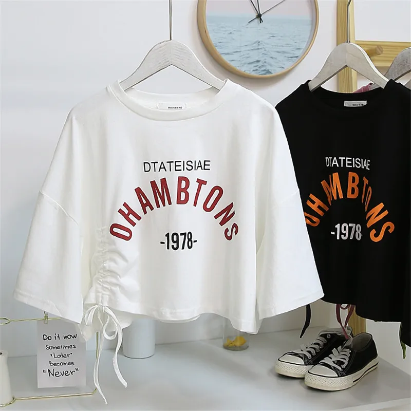 

Summer T Shirt Women 2024 Fashion Letter Printing Top Casual Draw String Short Sleeve T-shirt Female Female Tee Tshirts