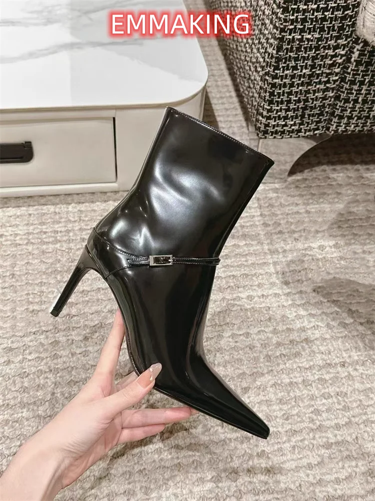 Senior Sense Pointed Toe Stilettos Ankle Boots Sexy Temperament Black French Single Boots Pu Metal Buckle Side Zipper Slim Boots