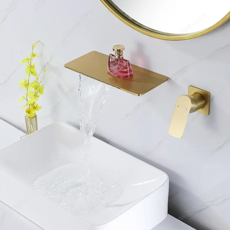 Sanitary brushed golden in wall mount copper faucet water tap mixers hot sale brass basin