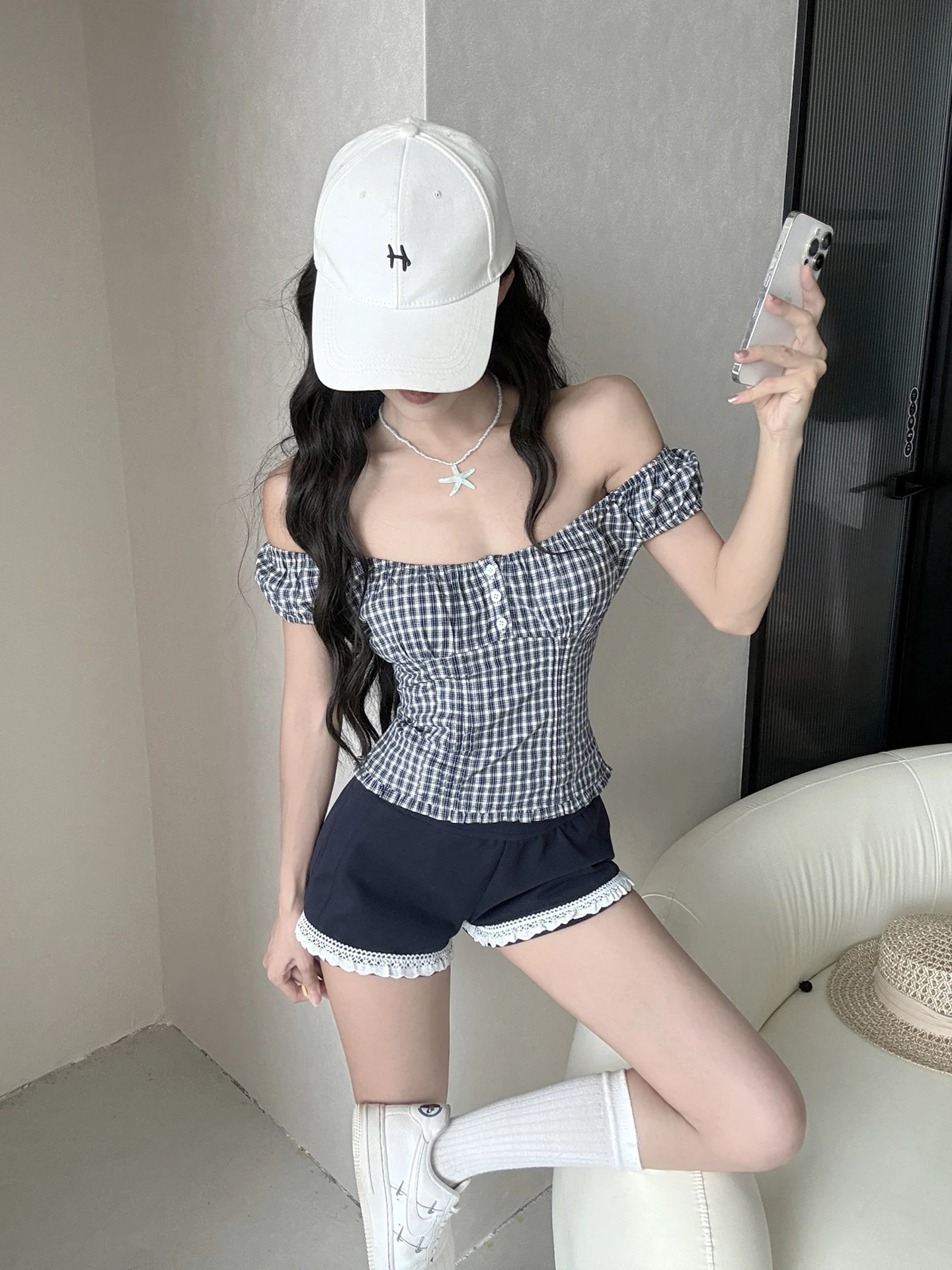 American Style Plaid U-Neck Short Sleeve Women's T-Shirt Summer Bubble Sleeve Waist-Cinching Slimming Design Cotton Blend Top