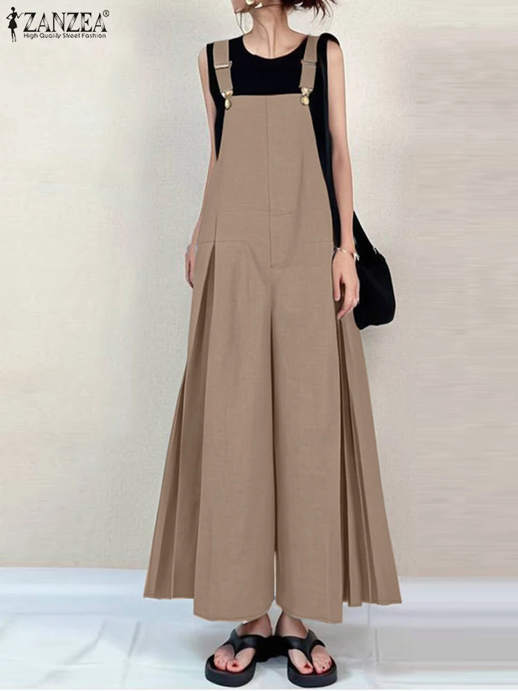 ZANZEA Women Rompers Summer Vintage Jumpsuits Overalls Fashion Loose Wide Leg Pants Casual OL Work Trousers Streetwear Playsuits