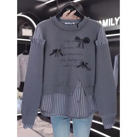 여성용 O-넥 활 페이크 투피스 자수 플레어, 긴팔 풀오버, 루즈 스웻셔츠 상의, 한국 패션, 가을, 겨울