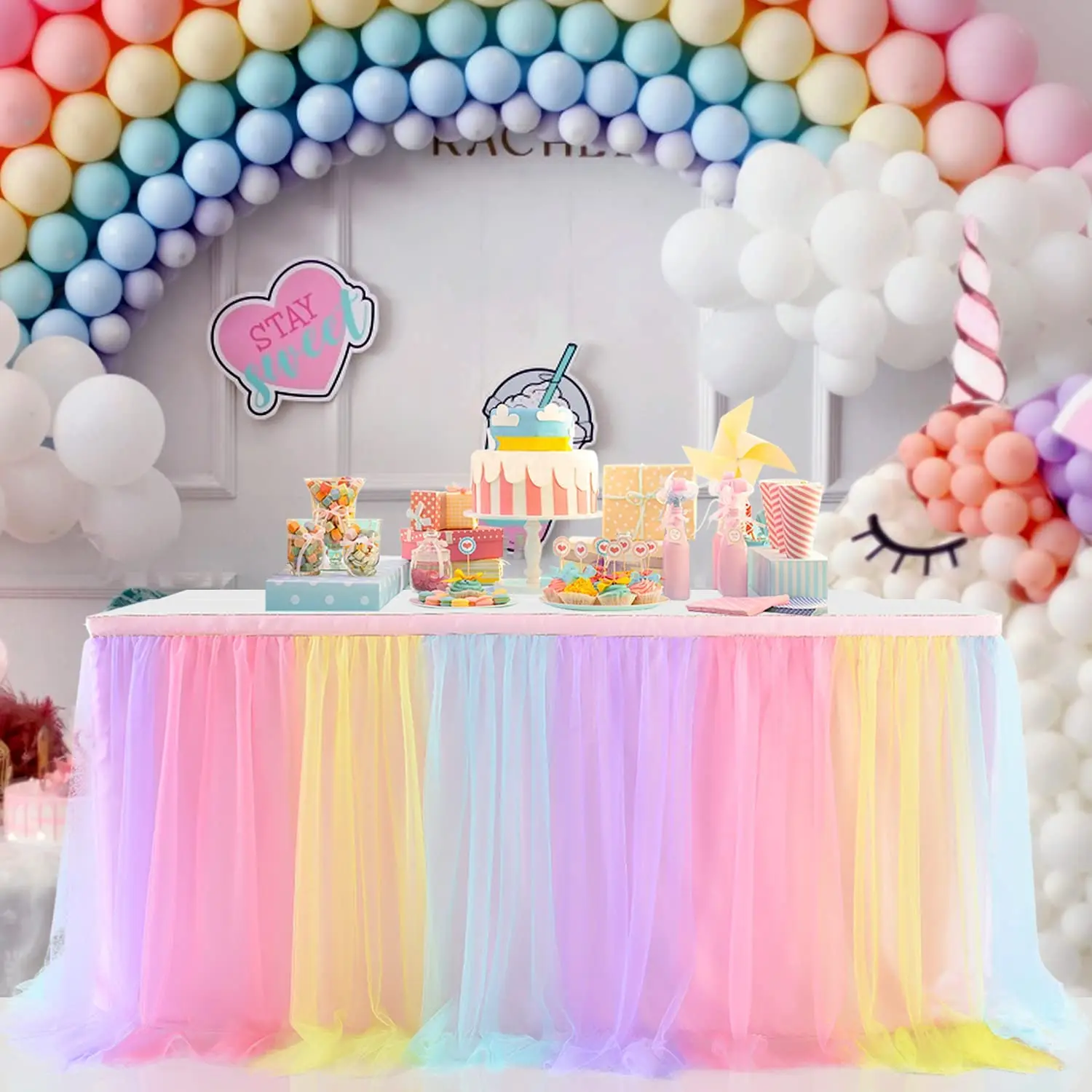 183X77CM Rainbow Tulle Table Skirt Color Table Skirting for Unicorn Theme Decoration Party Birthday Baby Shower Gender Reveal