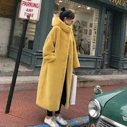 Autumn Winter Women Mid-length Hooded Imitation Mink Cashmere Fur Overcoat Loose Casual Long Sleeve Thick Warm Faux Fur Outwear