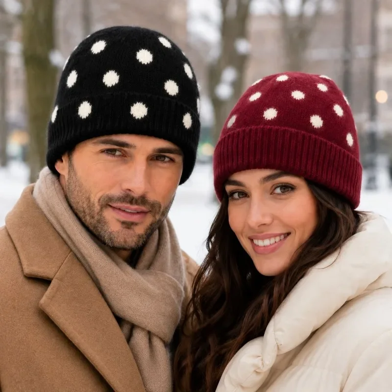Vintage Polka Dot Jacquard Knitted Hat Women Big Head Circumference Cold Hat Wool Blended Warm Wool Hat Korean Version Winter