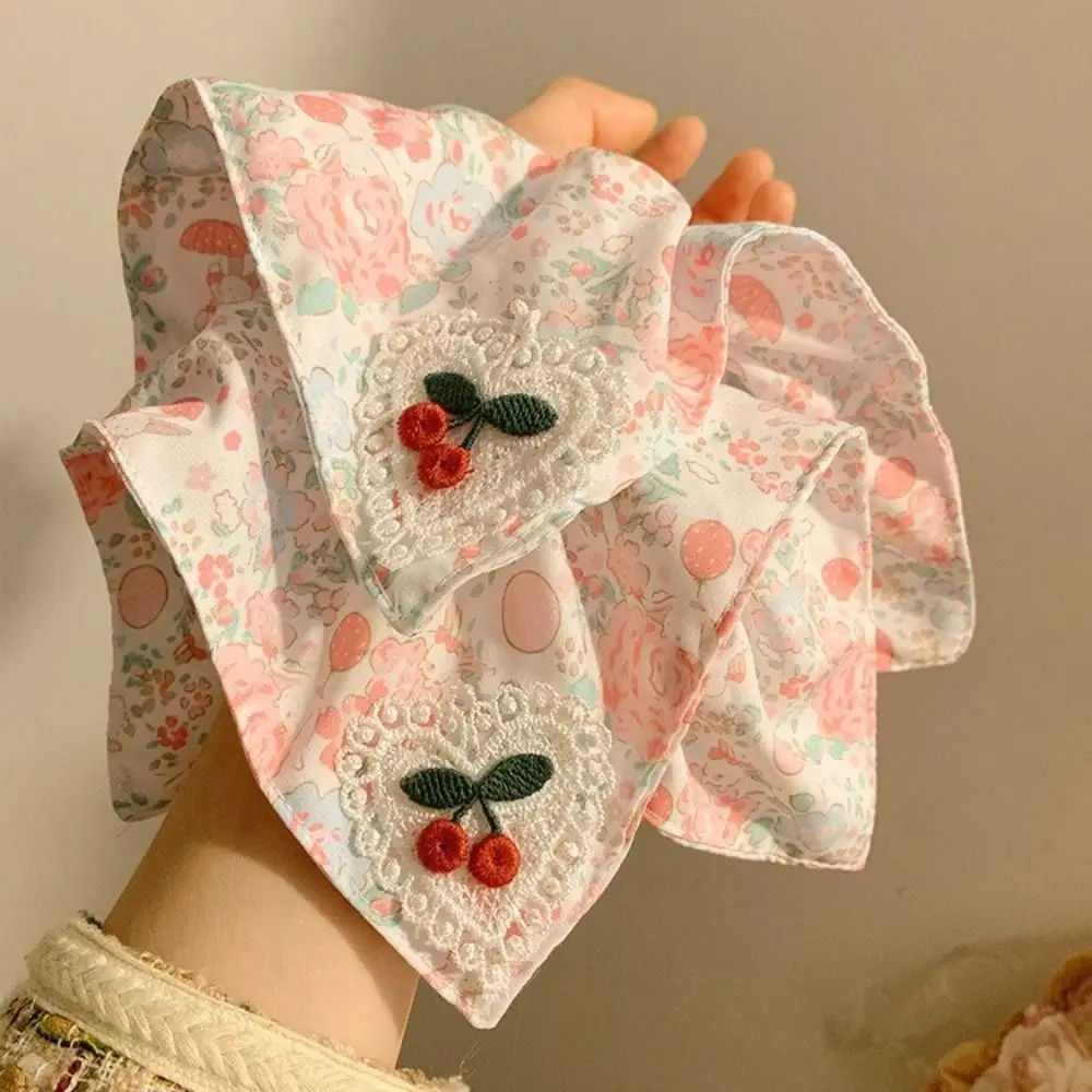 

New Pink Cherry Floral Print Headband Oversized Elastic Hair Decorative Large Intestine Hair Loop Ponytail Hairband Women