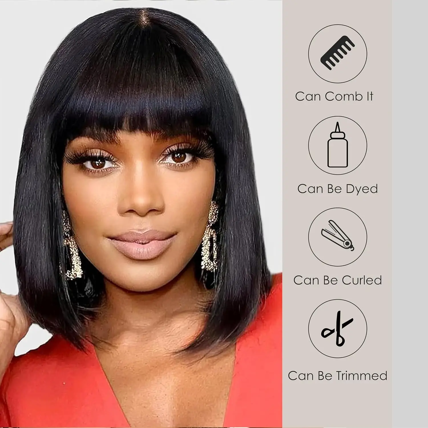 Realista Yaki Straight Bob com Franja, Minimalista 3x1 Lace Wig, Destaque Marrom Preto, Coloque e Vá, 100% Cabelo Humano