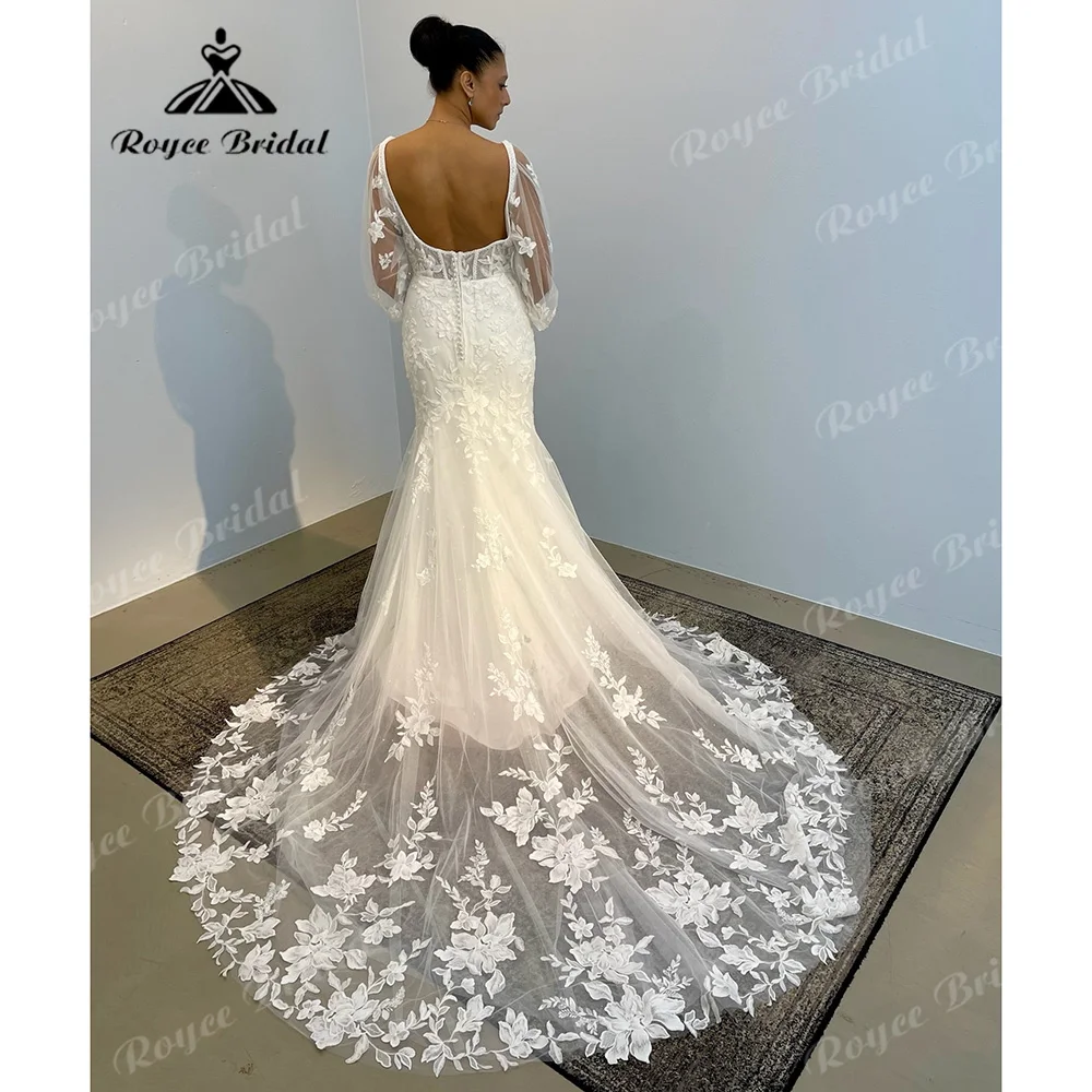 Mermaid Wedding Dress Square Neck Long Lantern Sleeves Boned Corset Bodice 3D Floral Lace Tulle Low U‑Back Bridal Gown Customiz