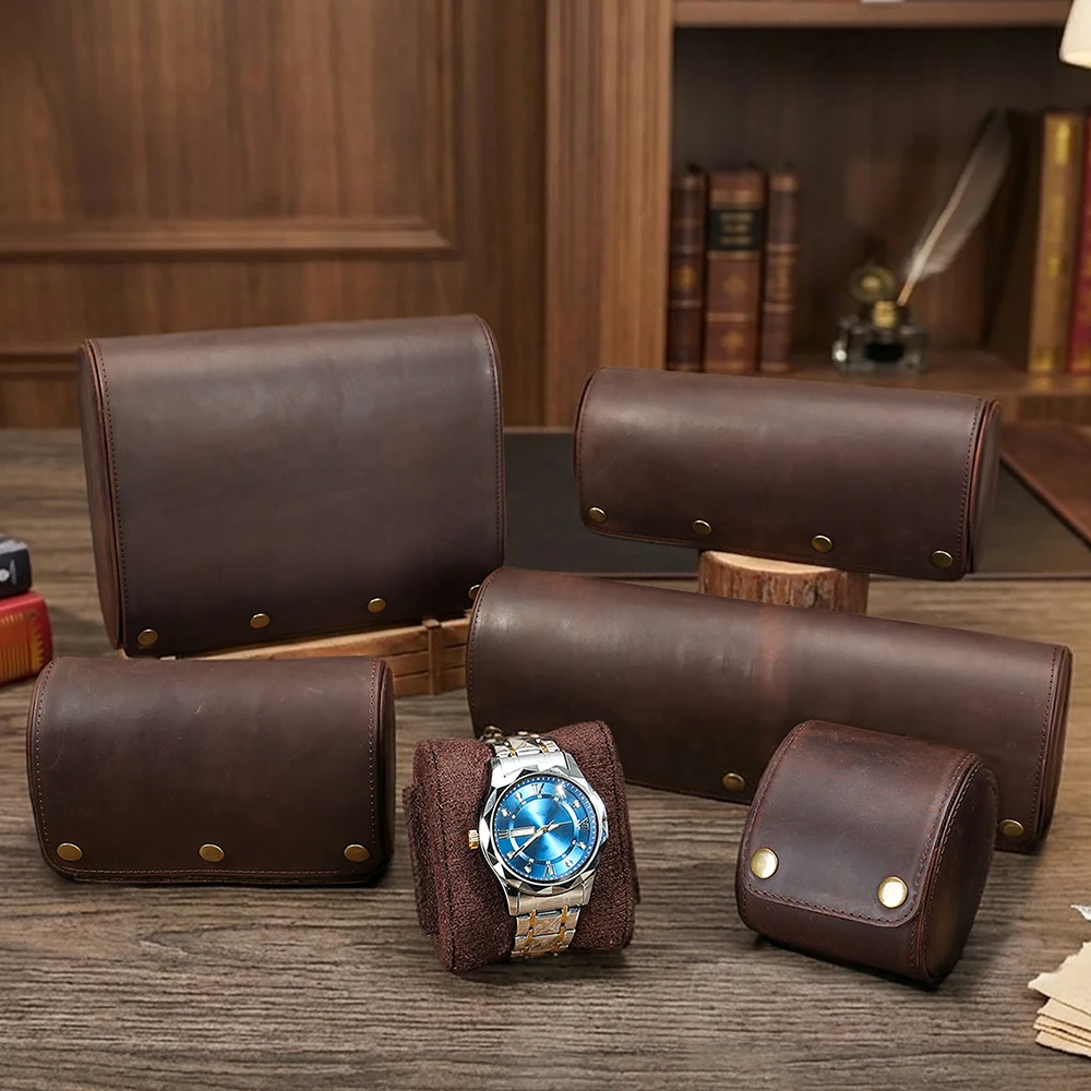 Crazy Horse Full Grain Leather Watch Roll Case 1 Slot & 2 Slots Portable Travel Watch Storage Organizer Genuine Cow Leather Watc